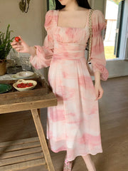 Aiertu Chiffon Long Sleeve Floral Midi Dress Chic French Slim Elegant Women Dress Casual Fashion Beach Style Office Lady Dresses Aiertu