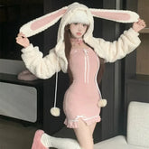 Aiertu - Sugar and Snow Bunnies Dress with Optional Hoodie Sweater Top Set Kawaii Academia Y2K Cottagecore Coquette Fairycore Dollette Princesscore Aiertu
