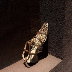 AIERTU - Summer New Vintage Hollow Woven Low Heel Sandals Women Elegant Pointed Toe Block Heel Strap Casual Shoes Aiertu