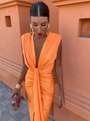 Aiertu Sexy Deep V Neck Pleated Split Dresses Women Chic Sleeveless Slim Midi Vestidos 2024 Summer Elegant Female Evening Party Robes Aiertu