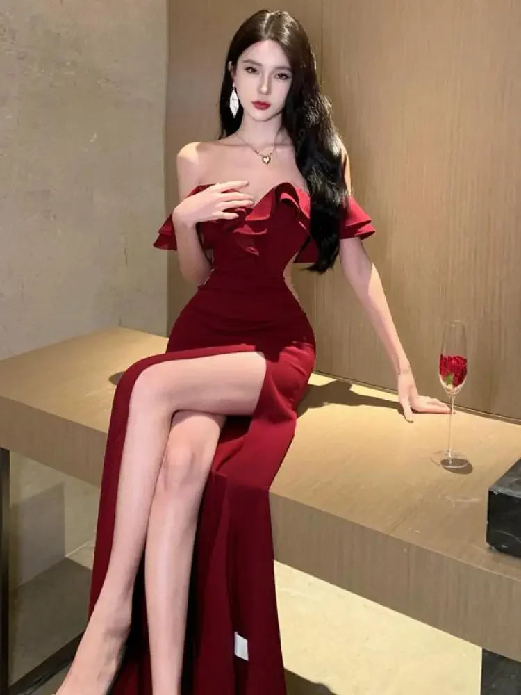 Aiertu Women's Sexy Backless High Split Ruffles Wrapped Hip Dress, Elegant Luxury Off Shoulder Party Evening Dresses, Red, Summer, 2024 Aiertu