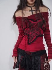 Aiertu Patchwork Striped T Shirt Women Clothes Off Shoulder Gothic Vintage Spring Long Sleeve Print Tee Shirt Femme Y2k Tops Aiertu
