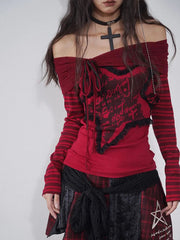 Aiertu Patchwork Striped T Shirt Women Clothes Off Shoulder Gothic Vintage Spring Long Sleeve Print Tee Shirt Femme Y2k Tops Aiertu