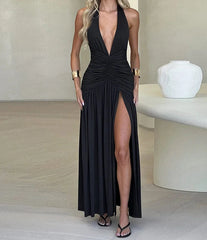 Deep V-Neck Halter Dress Woman Summer Ruffles Splits Backless Elegant Patchwork Solid Party Coquette Sexy Vestidos Aiertu