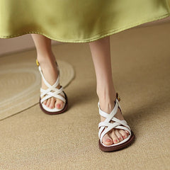 Aiertu Summer Women Shoes Open Toe Chunky Heel Women Sandals Split Leather High Heels Cross-tied Shoes Handmade Shoes for Women Aiertu