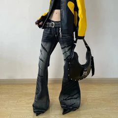 Aiertu American Retro Black Flare Jeans Vintage Distressed Baggy Jeans Grunge Bell Bottom Denim Pants Boyfriend Mopping Jeans Aiertu