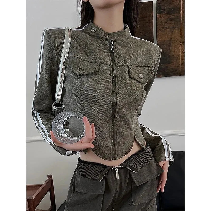 Aiertu Korean Half High Collar Jacket Female Temperament Fashion Cool Sweet Spicy Off Waist Slim Patchwork Autumn Women Short Coat Top Aiertu