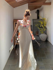 Aiertu Acetic Acid Suspender Jumpsuit For Women In Summer, High-End And Exquisite One Line Neckline Sleeveless Floral Dress In The Mist Aiertu