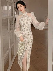 Aiertu Vintage Elegant Cheongsam Dress Women Floral Embroidery Design Party Fairy Dress Female 2022 Spring Court Retro Long Split Dress Aiertu