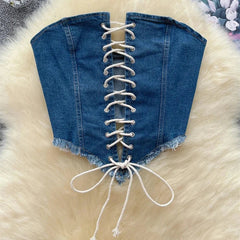 Aiertu Y2K Hotsweet Denim Strapless Summer Off the Shoulder Bandage Design Slim Zipper Short Tank American Retro Sexy Top Aiertu