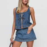 AIERTU - Women's Tie Front Denim Jean Vest Top and Mini Skirt 2-Piece Set Summer Trendy Going Out Outfits Clothes Summer Chic Streetwear Aiertu