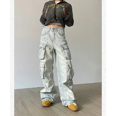 Aiertu Women Blue Jeans Hip Hop Streetwear High Waist American Wide Leg Pants Fashion Y2K Style Female Winter Straight Trousers Aiertu