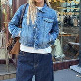 AIERTU - Washed Retro Slim Denim Jacket Jacket Women's Lapel Versatile Splicing New Top Aiertu