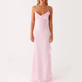 AIERTU - Women'S Summer Pink Slim Suspenders Straps Rose Appqulie Sleeveless Dress V-Neck Flowers Split Ruffles Maxi Dress Elegant Party Aiertu