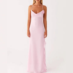 AIERTU - Women'S Summer Pink Slim Suspenders Straps Rose Appqulie Sleeveless Dress V-Neck Flowers Split Ruffles Maxi Dress Elegant Party Aiertu
