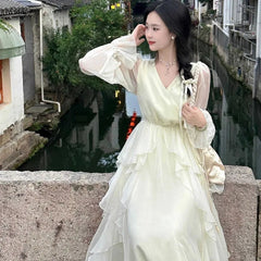AIERTU - Spring/summer Women's New Milky White French First Love Long Skirt Fairy Skirt Gentle Style V-neck Slimming Drape Dress Aiertu
