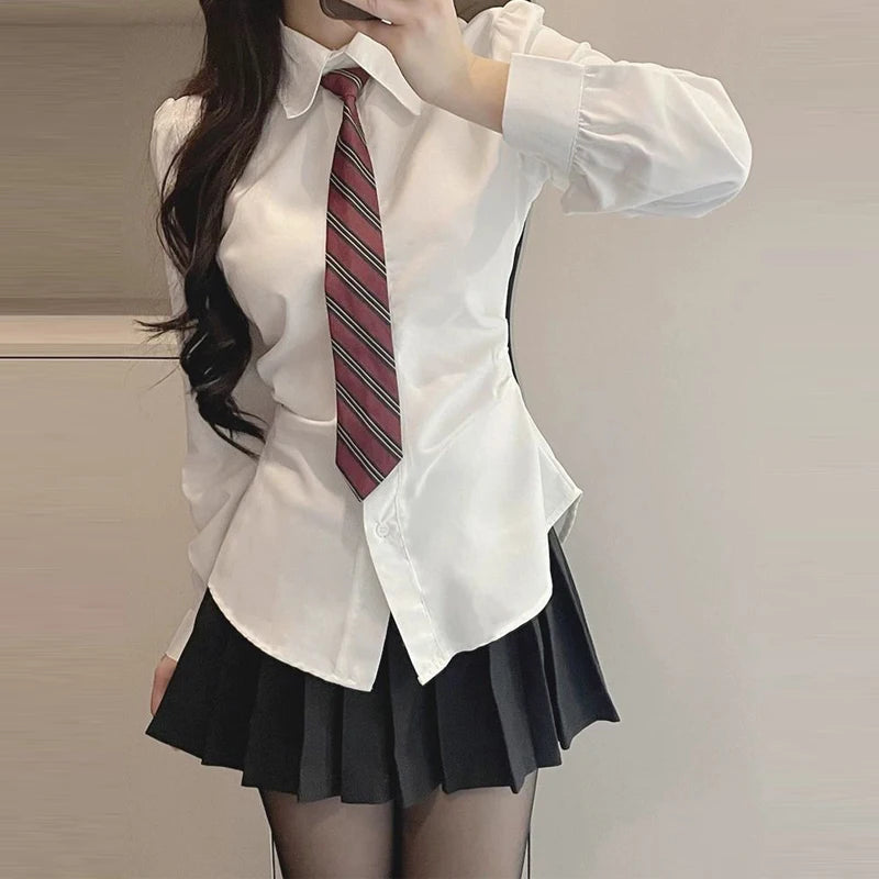 JK Uniform Two Piece Set for Women Sexy Sweet Lace Up with Tie White Long Sleeve Shirt Female High Waist Sexy Pleated Mini Skirt Aiertu