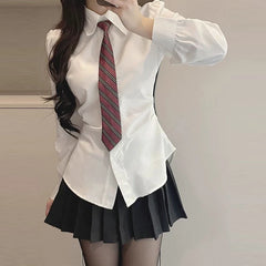 JK Uniform Two Piece Set for Women Sexy Sweet Lace Up with Tie White Long Sleeve Shirt Female High Waist Sexy Pleated Mini Skirt Aiertu