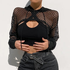 Aiertu Street Style Fishnet Holes T Shirt See Through Hollow Out Hooded Full Sleeve Crop Top Women Casual Loose Shirt Smock Fall Aiertu