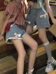 Aiertu Japanese Lolita Soft Girl Denim Shorts Female Student Spring Summer High Waist Lace Bow A- Line Wide Leg Shorts Jeans Hot Pants Aiertu