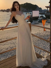 Aiertu French Women White Sexy Club Elegant Backless Birthday Party Maxi Dress Summer Fairy Long Evening Dress Bridesmaids Pleated Robe Aiertu