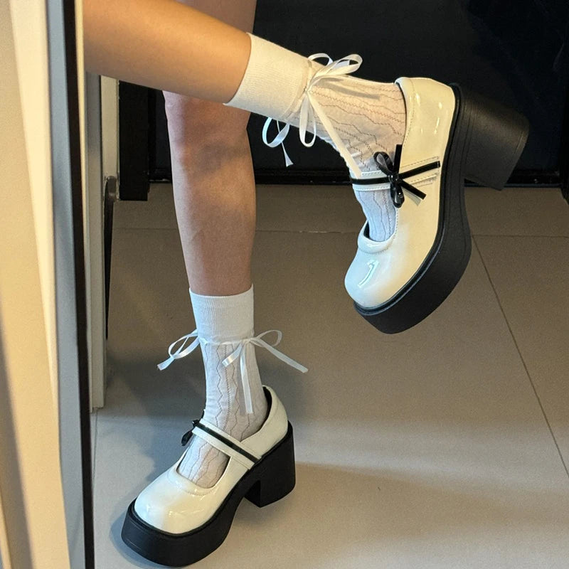 Aiertu Back to school Platform High Heel Women Mary Jane Shoes Fashion Butterfly-knot Spring Autumn Ladies Dancing Party Prom Leather Shoes Aiertu