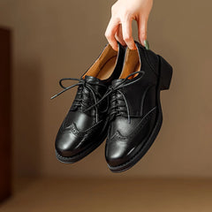 Women Pumps Oxfords Autumn Shoes for Woman Genuine Leather Brogues Retro Lace Up Loafers Casual Handmade Black Girls Shoes Aiertu