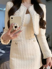 Aiertu White France Vintage Two Piece Set Women Korean Designer Slim Party Dress Suit Female Short Sweet Coat+Elegant Strap Dress aiertu