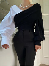 Aiertu V-neck Long Sleeve Contrasting Color Queen 2024 Spring new Loose Top Korean Chic Ladies Sweater Off-the-shoulder clothing Aiertu