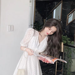 Aiertu Elegant V-neck Midi Dress Women Summer Puff Sleeve White Casual Party Dress Female Office Kawaii Lace One-piece Dress Korean Y2k Aiertu
