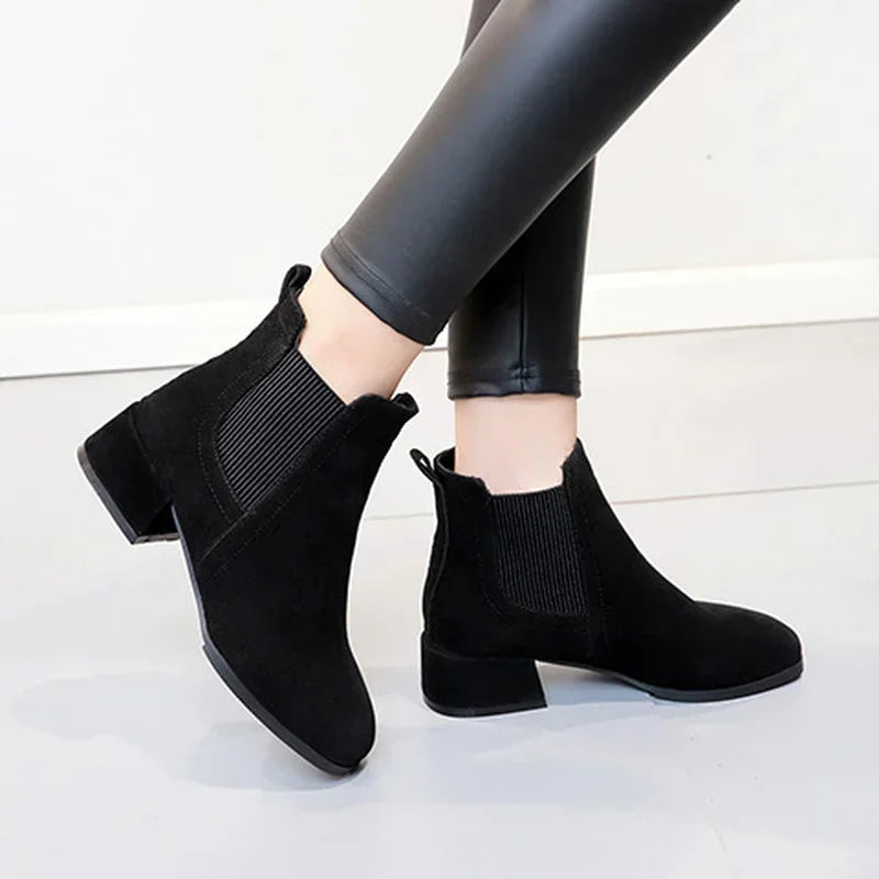 Women Ankle Boots Autumn Winter Boots Slip-on Round Toe 3.5cm Square Heel Solid Casual Black Camel Booties Size 35-43 Aiertu