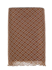 AIERTU - Plaid Midi Skirt High Waist Mesh A Line Skirt Brown Checkered Lace Trim Wavy Hem Vintage Streetwear Ladies Skirt Aiertu