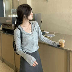 Aiertu Elegant Knitted Hooded Cardigan Women Grey Korean Fashion Sweet Crop Tops Solid Long Sleeve Casual Slim Up Streetwear Aiertu