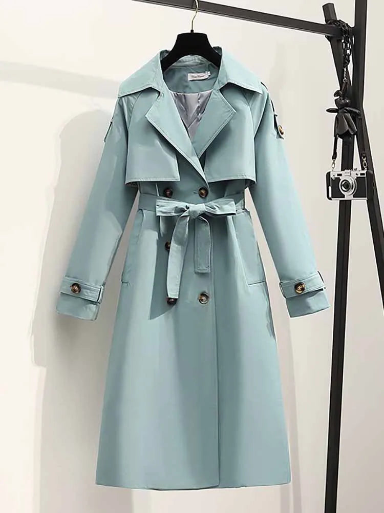 Women Long Trench Coat Fashion Windproof Coat Double Breasted Trench TRAF Coats Green Belt Windbreaker Winter Aiertu