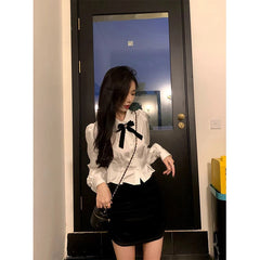 White Bow Shirts Women Sweet Preppy Kawaii Lace Patchwork Blouses Lolita Korean Elegant Peter Pan Collar Long Sleeve Crop Tops Aiertu