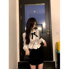 Aiertu White Bow Shirts Women Sweet Preppy Kawaii Lace Patchwork Blouses Lolita Korean Elegant Peter Pan Collar Long Sleeve Crop Tops Aiertu