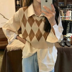 Aiertu Autumn Fashion Female Vintage Plaid Sweater Vests Women's Tank Tops Knitted Crop Top Women Sleeveless Knitted Vest Waistcoat Aiertu