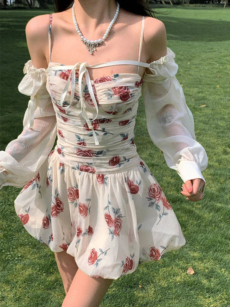 Aiertu Sweet Floral Sexy Strap Dress Women Folds Designer Casual Mini Fairy Dress Female 2024 Summer Puff Sleeve Korean Princess Dress Aiertu