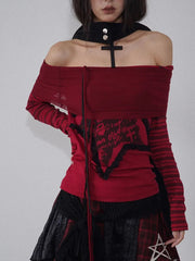 Aiertu Patchwork Striped T Shirt Women Clothes Off Shoulder Gothic Vintage Spring Long Sleeve Print Tee Shirt Femme Y2k Tops Aiertu