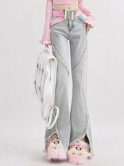 Aiertu Summer Denim Vintage Sweet Pants Women Slim Lace-up Korean Casual Flare Pants Female Japanese France Elegant Open Fork Jeans New Aiertu