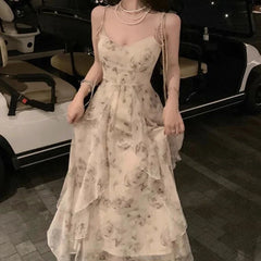 Aiertu Elegant Holiday Dresses for Women Long Floral Chiffon Midi Dress Sleeveless Vintage Dress Fairy Slim Party Casual aiertu