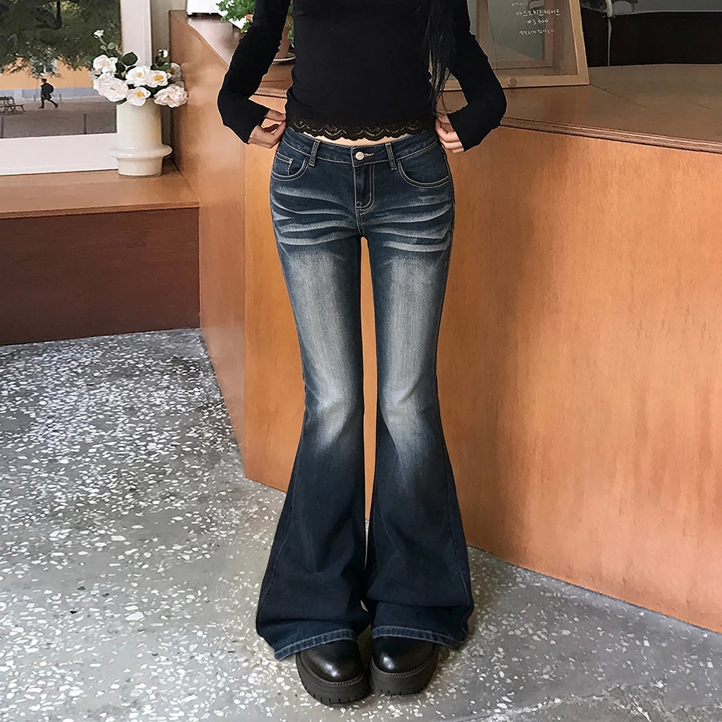 AIERTU - Women Low Waist Washed Gradient Flare Jeans Vintage Faded Bootcut Denim Pants Slim Fit Y2K Streetwear Trousers Strecth Bottoms Aiertu