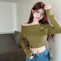 Spring Autumn Pullover Women's Sweater Off Shoulder Solid Colour Hole fashion Slim Sexy Knitted Long Sleeves Sweater Aiertu
