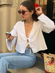 Aiertu Plaid Love Pocket Print Shirts Women Hollow Out Lace Up V-neck Blouses 2024 Spring Female Vacation Street Sweet Lady Outwear Aiertu