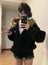 Aiertu Black Zip Up Hoodies Women Vintage Preppy Style Faux Fur Coat Korean Oversized Casual Sweatshirt Harajuku Autumn Winter Aiertu