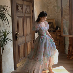 Aiertu Floral Print France Vintage Dress Women Tierred Designer Y2k Princess Sweet Midi Dress Female Korean Fashion Dress Summer 2024 Aiertu