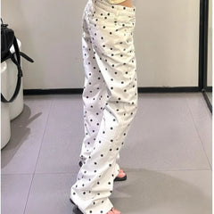 AIERTU - Women Polka Dot Jeans Low Rise Baggy Wide Leg White Y2K Vintage Retro Floor Length Pants Loose Straight Casual Street Style Aiertu