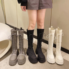 Aiertu Chunky Platform Knitted Long Boots Women Autumn Thick Bottom Warm Sock Shoes Woman Lace Up Knee High Botas De Mujer Aiertu