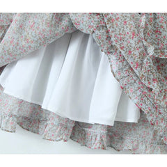 Aiertu Spring 2024 Women Sexy Backless Floral Print Dress Puff Sleeve V Neck Layered Ruffle Cake Mini Dresses Holiday Party Robe Aiertu