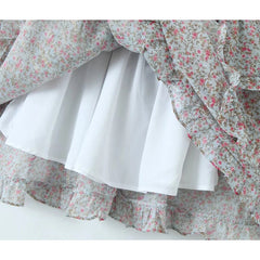 Aiertu Spring 2024 Women Sexy Backless Floral Print Dress Puff Sleeve V Neck Layered Ruffle Cake Mini Dresses Holiday Party Robe Aiertu